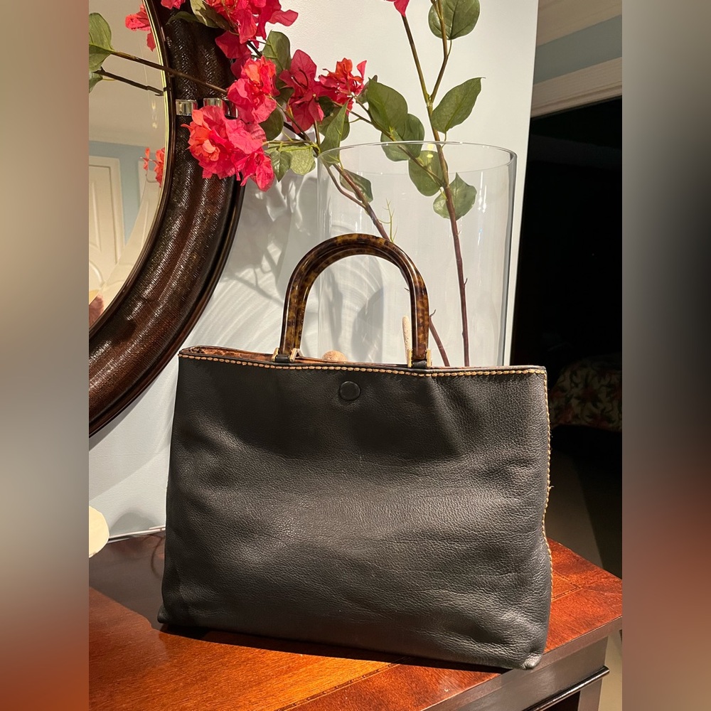 Plinio Italian Black Leather Tote Bag w/Tortoise Shell Handles Y2K